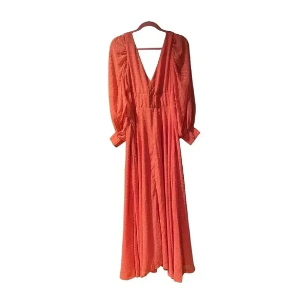 Kimberly Goldson Lesli Jacquard Maxi Dress Coral Gold V Neck Size Small - Picture 8 of 13